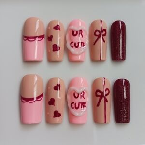 Cute Heart and Bow Valentines Day Handmade Gel Press On Nails 10pcs Set
